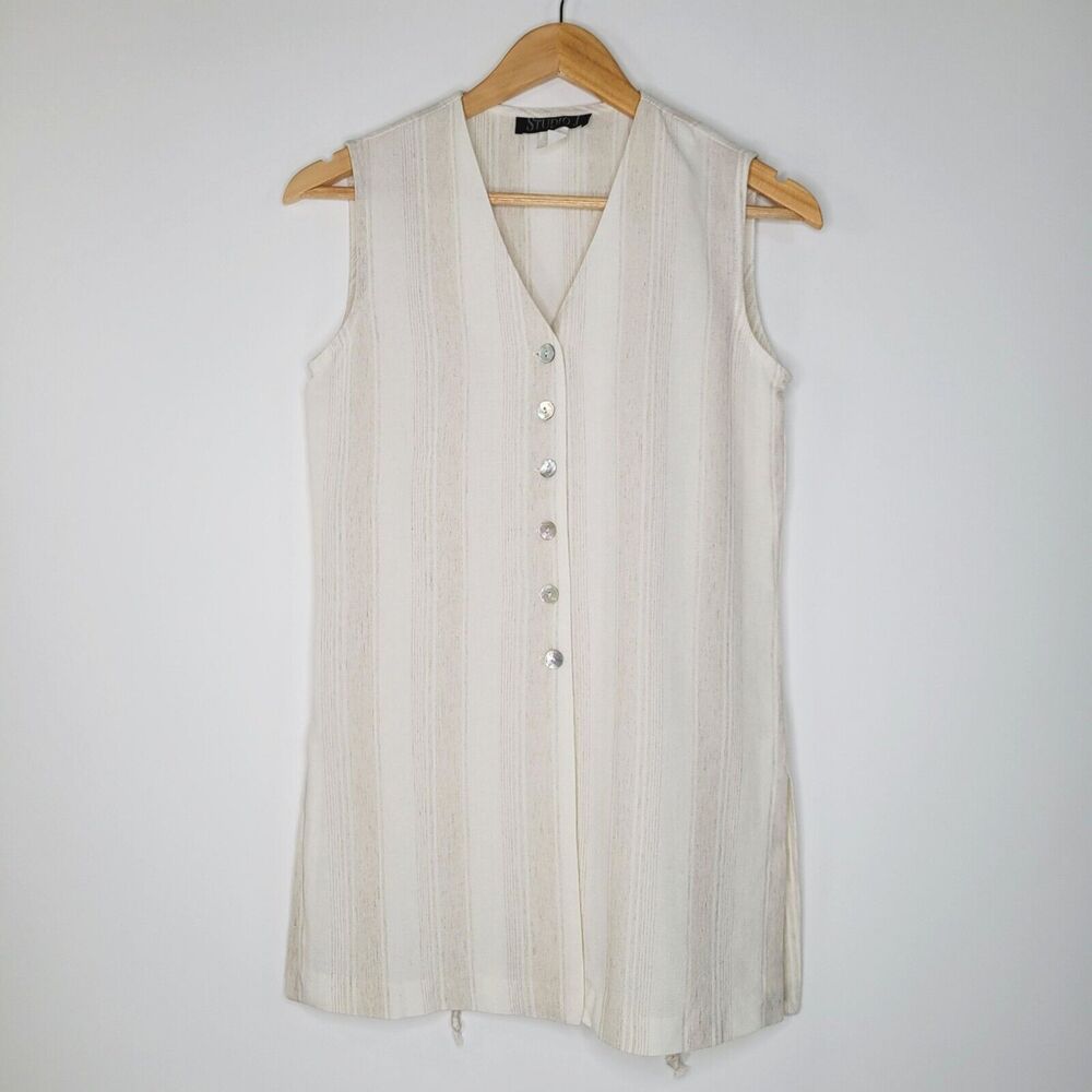 Vtg STUDIO J Cream Striped Longline Vest Sz S Linen Sleeveless Neutral Lagenlook